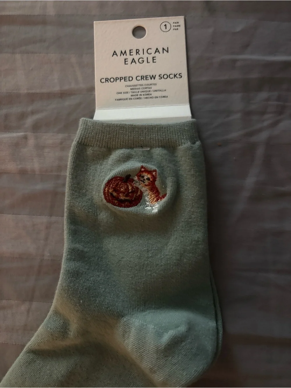 American Eagle Outfitters Mint Green Cropped Crew Socks with Fox Embroidery